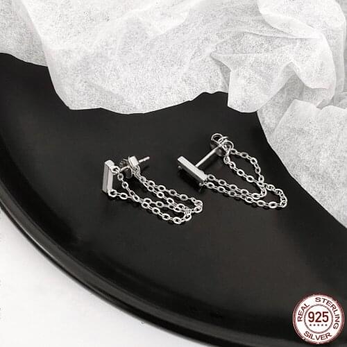 LKO 925 Sterling Silver One Word Chain Earrings Geometric Vintage Tassel Pierced Earrings For Women Fashion Jewelry Gifts