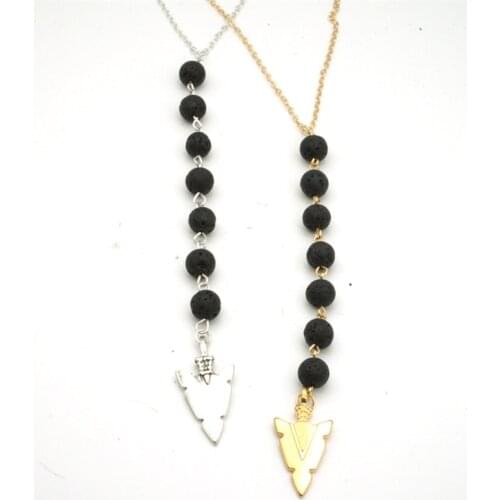 Fashion DIY Essential Oil Perfume Diffuser Pendant Long Necklace Mini Black Lava Stone Arrowhead Charms Jewelry Women Gift