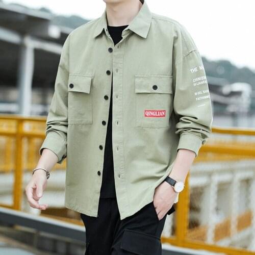 Long Shirts Men Yellow Long-sleeved Green Black Gray Fashion Youth 2021 Students Daily Casual Shirts Autumn and Winter Shirts