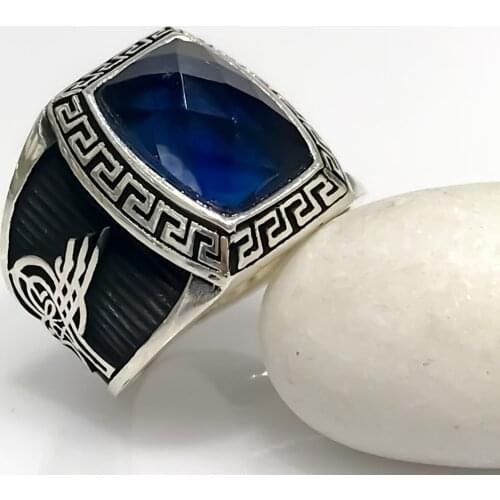 Safir Stone Simple Polite Monogram Sterling Silver Men 'S Ring