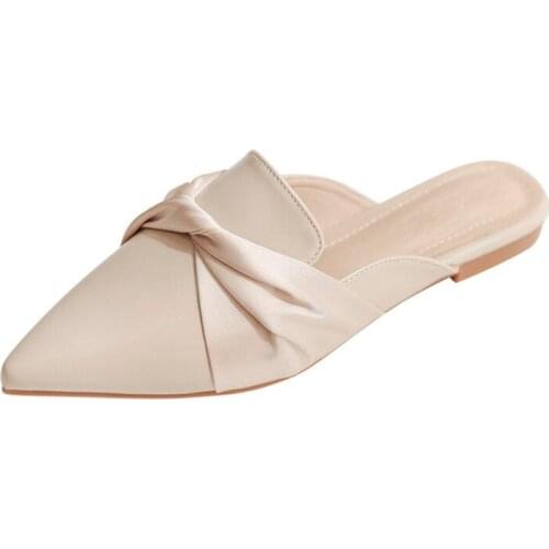 Women Slippers Fashion Mules French Elegant Bowknot Design 2021 Low Heel Slip on Leisure Ladies Office Shoes Beige External Wear
