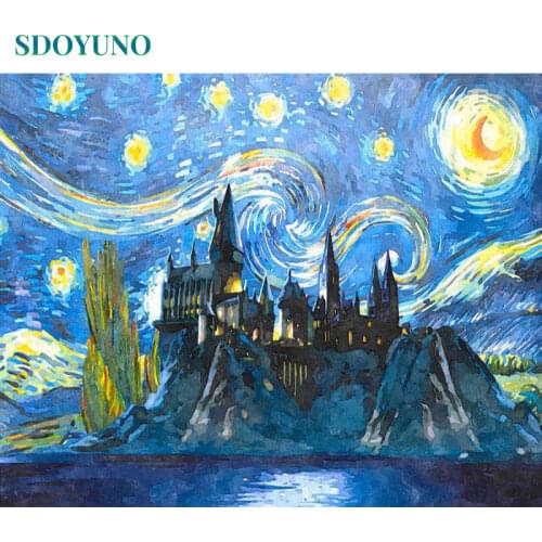 SDOYUNO Castle under the starry sky Painting By Numbers DIY Frame Paint By Numbers For Adults Abstract Morden Wall Art For Gift