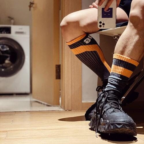 Fashion Letter Striped Pattern Socks Gay Sexy Men Sports Male Crew Streetwear Cotton Football Sock Comfortable
