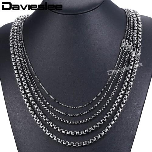 Davieslee Necklace for Men Chain Round Box Link Stainless Steel Gunmetal Silver Color 2-6mm LKNM160