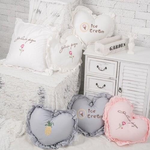 Ruffled Heart-Shaped Cushion Love Embroidery With Core Pillow 100% Cotton Solid Color Sofa Decorative Cushions Girl Gift 30X45cm
