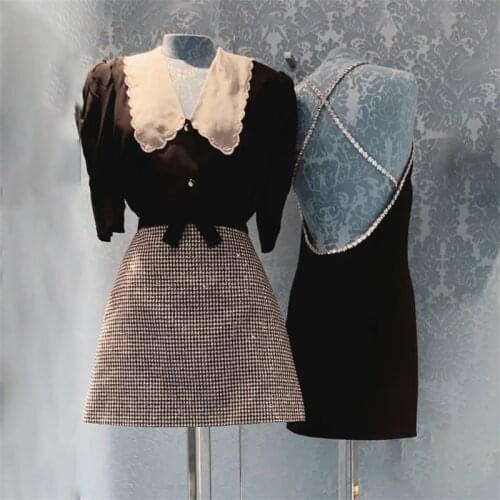 Kawaii Doll Collar Black Shirt Fashion Beading A-Line Short Skirt Summer Suit Skirt Two-Piece Female Elegant Party Clothes