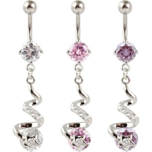 Spiral Dangle zircon Belly bar fashion women body piercing Jewelry belly button ring 14G 316L Surgical Steel