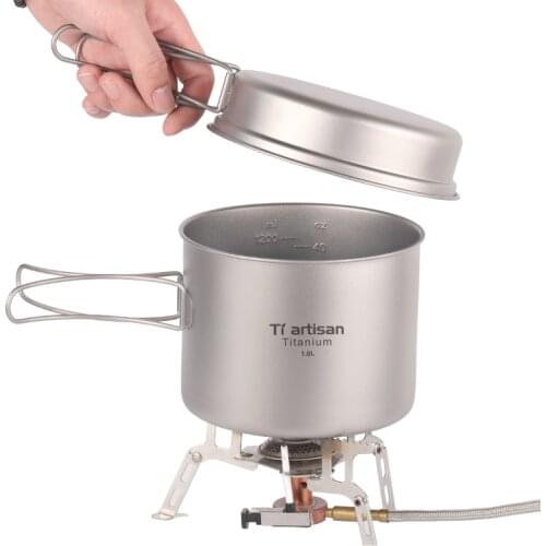 Tiartisan Titanium 1600ml Pot with pan Camping Cookware Pot and Fry Pan Foldable Handle with Lid and Stuff Sack