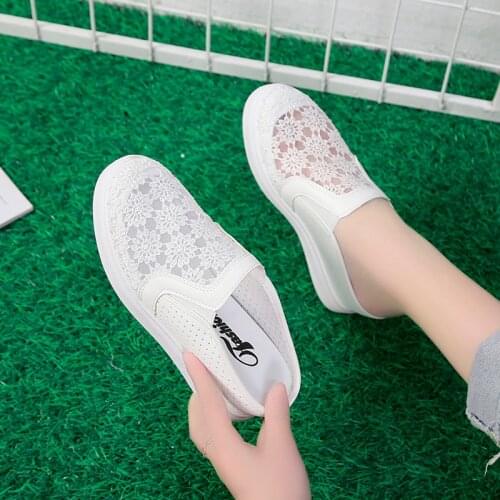 Shoes Cover Toe Low House Slippers Platform Loafers Slides Slipers Women Fretwork Heels Flat 2020 Summer Cotton Fabric PU