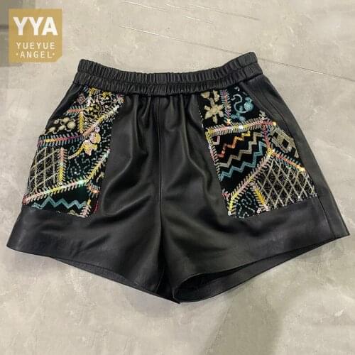 Spring Women Sequined Embroidery Wide Leg Shorts Elastic Waist Casual High Quality Sheepskin Genuine Leather Shorts Streetwear