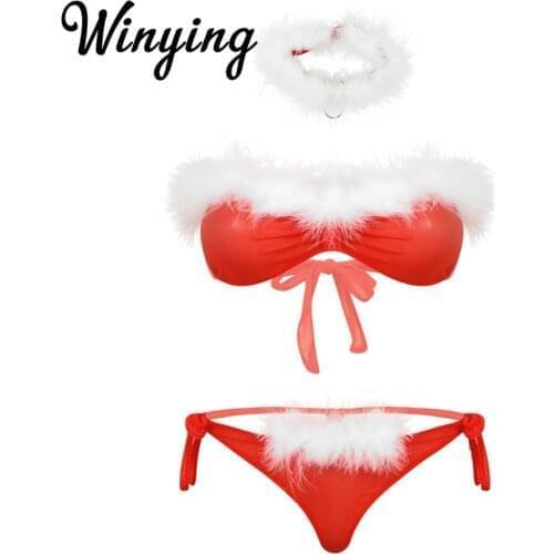 Women Xmas Rave Party Sexy Underwear Ladies Christmas Santa Erotic Costume Feather Trim Bra with Panties Mesh Sheer Lingerie Set