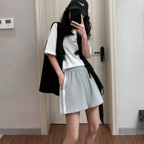 2021 Summer Side Striped Letter Loose Shorts Ladies Harajuku Pure Cotton High Waist Elastic Band Wide Leg Casual Mini Shorts