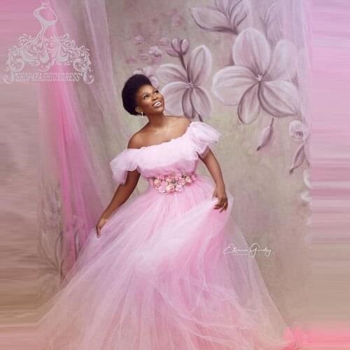 Off The Shoulder Pink Tulle Flowers Wedding Dress Pretty Ruffles Mesh Bridal Gowns Floor Length Pretty Wedding Gowns Custom Made