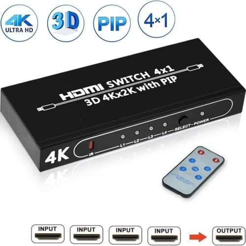 4 Port Video Switch with PIP (Picture in Picture) IR Remote 4x1 HDMI-Compatible Switcher Switches for Xbox TV Blu-Ray Player