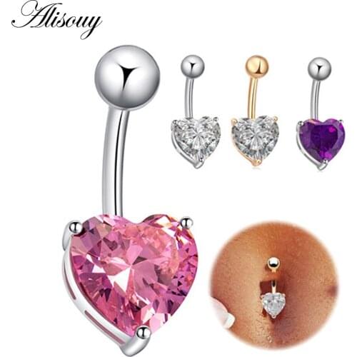 Alisouy Hot Sale Piercing Cubic Zircon Crystal Heart Shape Body Jewelry Fashion Belly Button Rings color color for Women Gift
