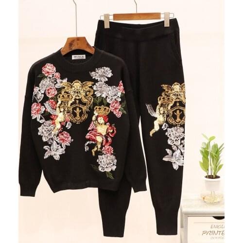 White Black Gray Sports Knitted Tracksuit Women Outfits Sequins Flowers Sweater Pants Two Piece Set Female Loose Casual Knit 2pc