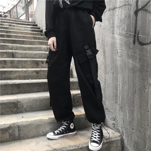Korean Ins Womens Cargo Pants Loose Sports Female Casual Pants Student Straight harajuku Ladies Wide Leg Pants Black Green