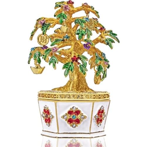H&D Money Tree Trinket Box with Rhinestone Magnetic Jewelry Ring Holder Case Hand-painted Fortune Tree Figurine Collectible Gift