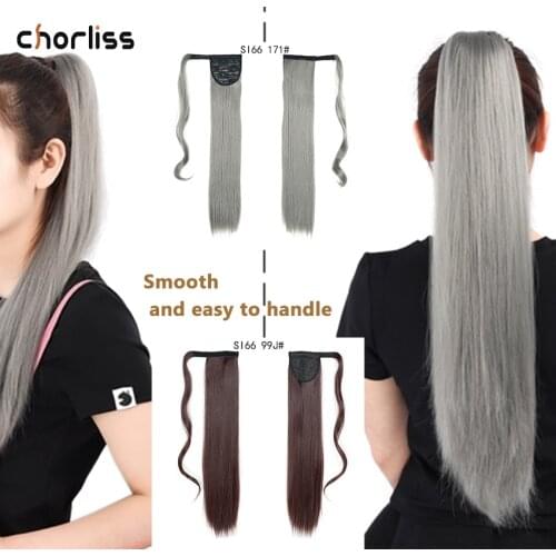 Chorliss Long Straight Synthetic Ponytail Hairpieces Wrap on Clip Hair Extensions Ombre Brown Velcro Pony Tail Blonde Fake Hair