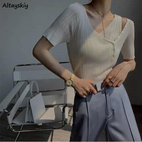 T-Shirts Women Slim Fashion Sexy Ladies Tops All-match Asymmetrical Simple Streetwear Korean Style Cozy Ins Vintage Popular Chic