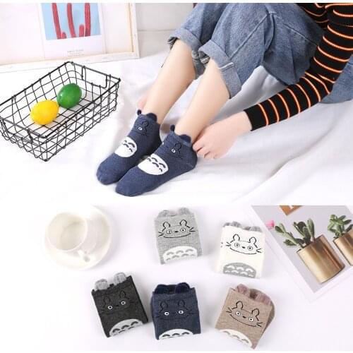 HUAYA Women Summer Boat Socks Cartoon Fox Cat Totoro Animal Ear Funny Cute Cotton Non-slip Girl Lovely Sweet Short Socks Low Cut