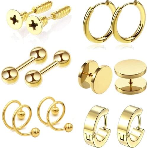 Punk Stainless Steel Ear Clip/Ear Stud Earrings For Men Women Black Pierced/No Pierced Fake Ear Circle New Pop Jewelry 1-6 Pairs