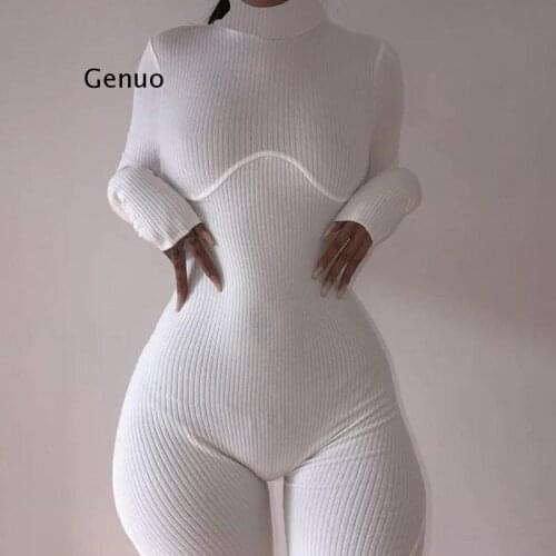 Ribbed Knitted Bodycon White Black Summer Jumpsuit Women Shorts Playsuit Long Sleeve Sexy Rompers Womens Jumpsuit Female
