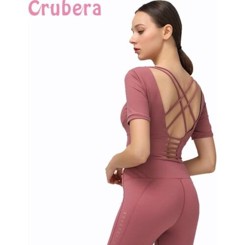 CRUBERA Beautiful Back Running Top T-shirt Women Elastic Slim Push Up Fitness Yoga Bra With Chest Pad Sports Bra Short Sleeve