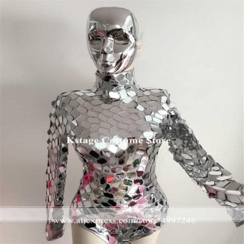 KS28 Women silver mirror costumes singer perform sexy mirror bodysuit bar show dress bikini club disco clothe proom party show