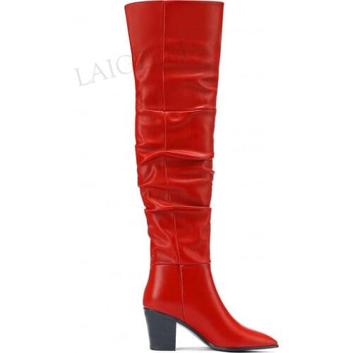 LAIGZEM Women Over Knee Boots Natural Genuine Leather+ Synthetic Pleated Mid Block Heels Boots Shoes Woman Big Size 33 40 42 45