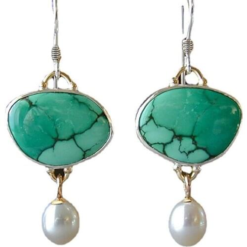 Fashion Exquisite Chinese Style Retro Turquoise and Freshwater Pearl Hanging Earrings Geometry Temperament Elegant Jewelry Gift