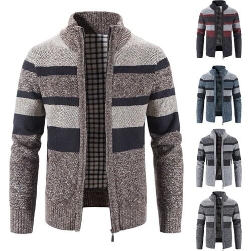 Splicing stripe sweater man street loose casual zipper cardigan overcoat autumn winter catch fleece thick warm sweater