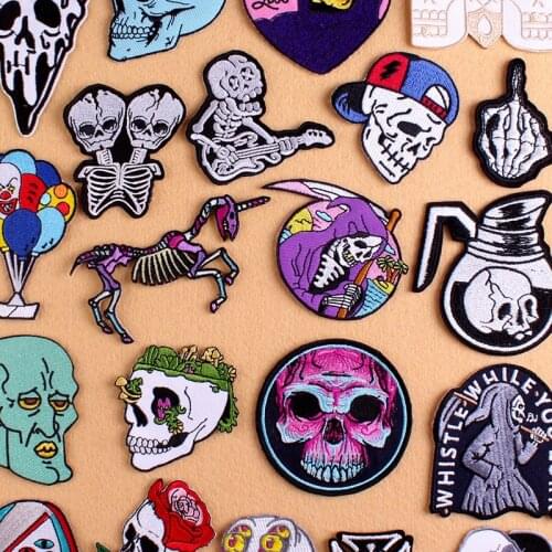 Pulaqi Skull Patches For Clothing Grim Reaper Stripe Iron on Embroidered Patches On Clothes Stickers For Clothes Punk Rock Badge