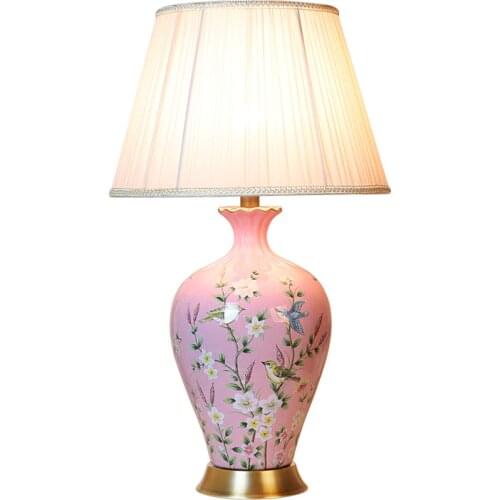 Pastoral Pink Chinese Ceramic Fabric E27 Table Lamp Dimmer For Wedding Deco Living Room Bedroom H 62cm 1487