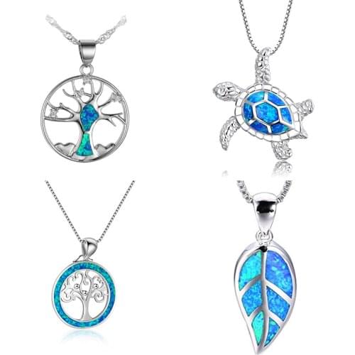 White/Blue Fire Opal Turtle Pendant Women Animals Shape Charm Silver Filled Women Female Beach Jewelry Gift 50CM 60CM