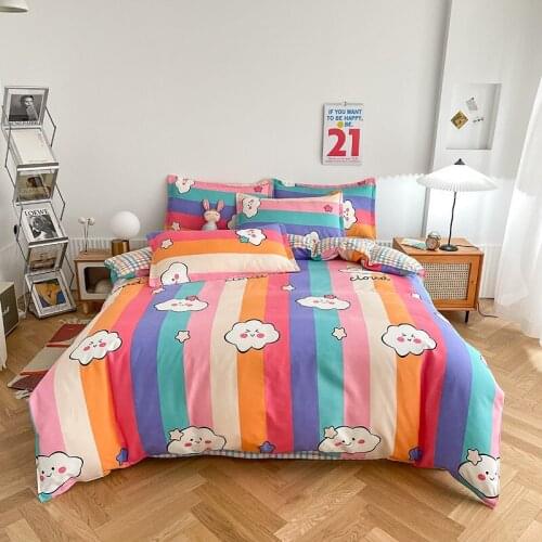 Simple and Fresh Bedding Set, Cartoon Printing Quilt Cover, Four-piece Set, Pure Cotton Autumn and Winter Thick Sanding Bedding