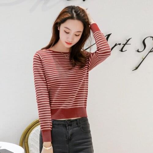 Straight neck striped sweater autumn and winter 2021 new Korean version slim long sleeve short small sweater asdf