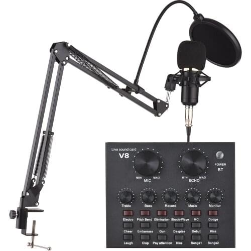V8 External Live Sound Card Condenser Microphone Set Mini Sound Mixer Board for Live Music Recording with Adjustable Mic