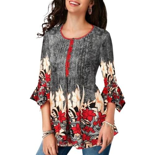O Neck Breasted Elegant Floral Print Flare Sleeve Mid Length Shirt Women Casual Loose Temperament Oversized Tops And Blouses