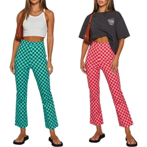 Women Casual Skinny Pants Classic High Waist Plaid Printed Slim Fit Flare Pants New Fashion 2021