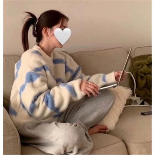 Women Casual Sweater 2020 Korean Style O-Neck Hit Color Thicken Warm Pullover Jumpers Long Sleeve Oversized Furry Tops 5R006