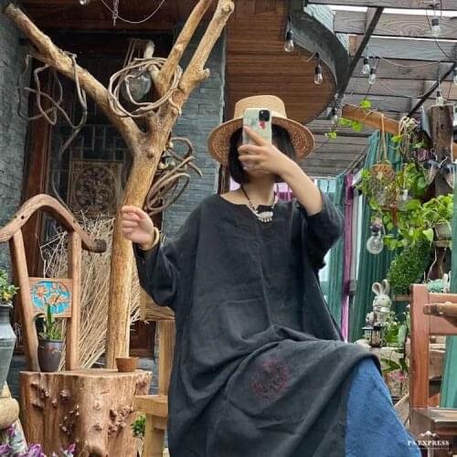 Women Spring Summer Linen Loose Linen Dress Ladies Embroidered Robe Dress Female 2021 Vintage Flax Dresses