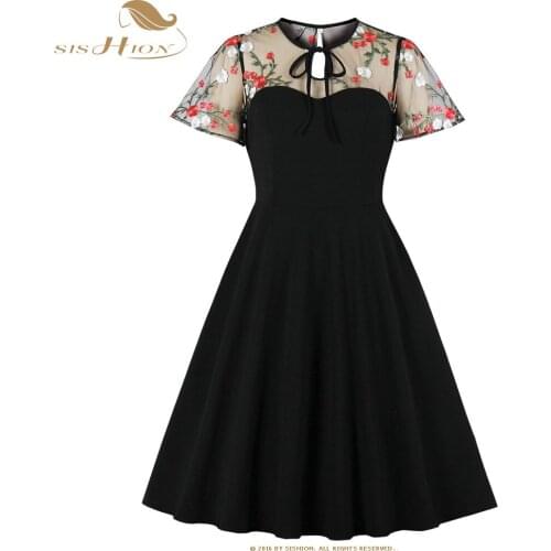 SISHION A Line Mesh Short Sleeve Black Dress VD2133 Women Ladies Halloween Party Floral Embroidery Gothic Dress