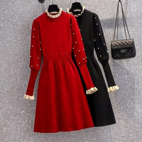 Vintage Women Ruffles Collar Sweater Dresses Autumn Winter Designer Beading Fashion Knitted Lantern Sleeve Dress