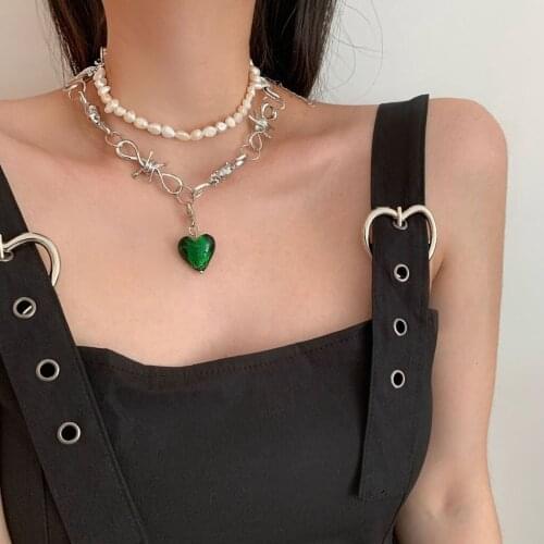 Irregular Imitation Pearls Distorted Green Love Necklace Tide Brand NewAdvanced Sense Stacked Pearl Accessories for Women