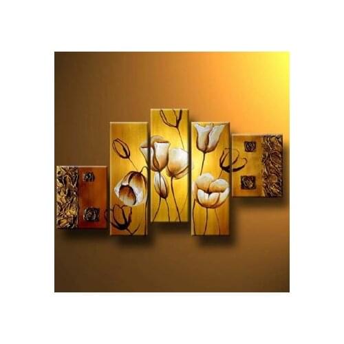 5pcs Hand Painted Oil Painting Modern Canvas Art Wall Decor Charming Tulips On The Gold--Floral Oil Painting Wall Art