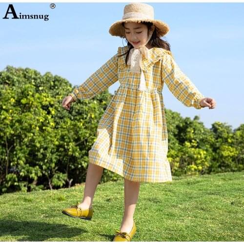 Children Ruffled Collar Princess Dresses Kids Clothing 2021 French Style Mid-Calf Dress Long Sleeve Girls Model Plaid Robe Dress