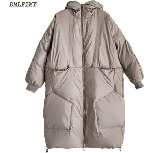 Korean pure color hooded simple outline large pocket womens white duck down thickened down jacket