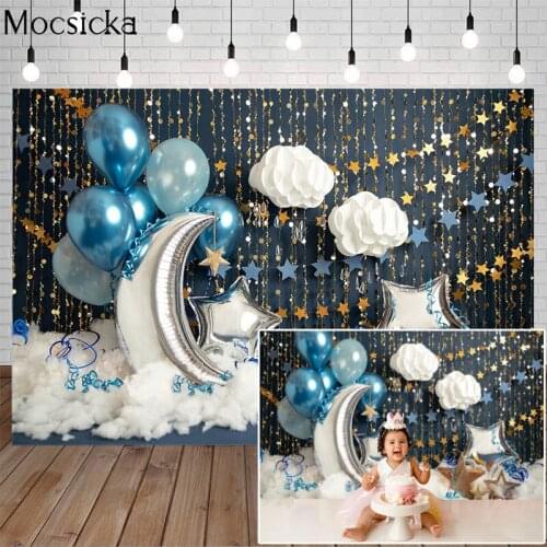 Cloud Moon Birthday Cake Smash Photography Backdrop Photo Studio Balloons Golden Twinkle Star Baby Portrait Background Photocall