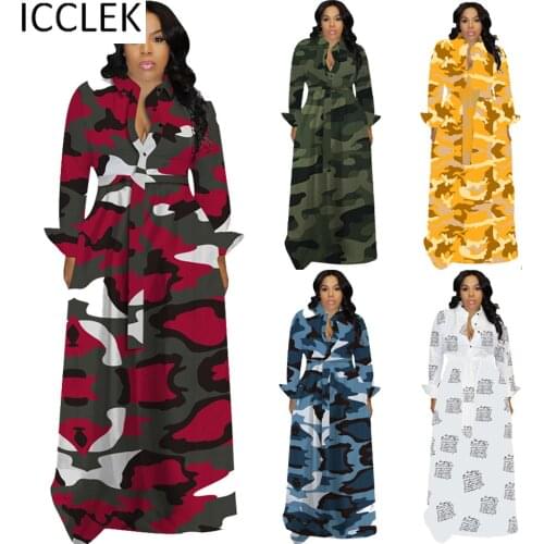 ICCLEK Wholesale Items Plus Size Summer Women Dress Casual Fashion Home Camouflage Button Vestidos Plus Size Dress